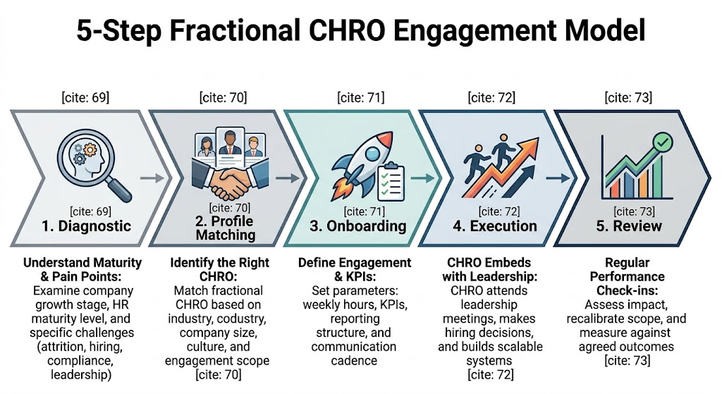 A 5-step process flow chevron diagram detailing the Fractional CHRO engagement model: Diagnostic, Profile Matching, Onboarding, Execution, and Review.