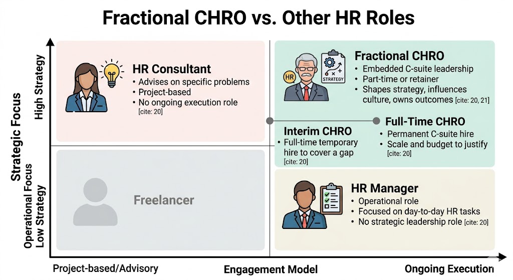 Infographic comparison matrix: Fractional CHRO vs. HR Consultant, Interim CHRO, and HR Manager on Strategic vs. Operational focus and Engagement Model.