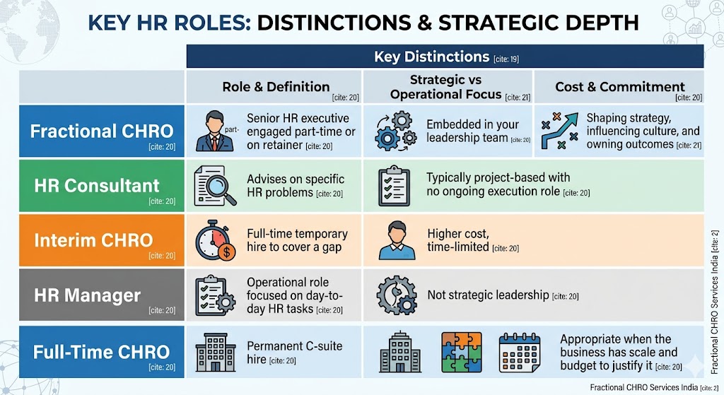 Infographic comparing Fractional CHRO, HR Consultant, HR Manager, and Interim CHRO in India, detailing their strategic depth, duration, and core focus.